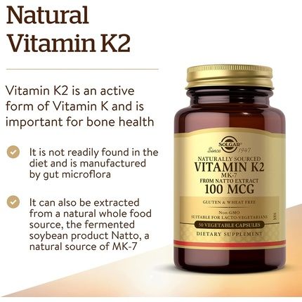 Solgar Vitamin K2 (Mk-7) 100Mcg Bone Health Vegetable Capsules 50 Count - Image 3