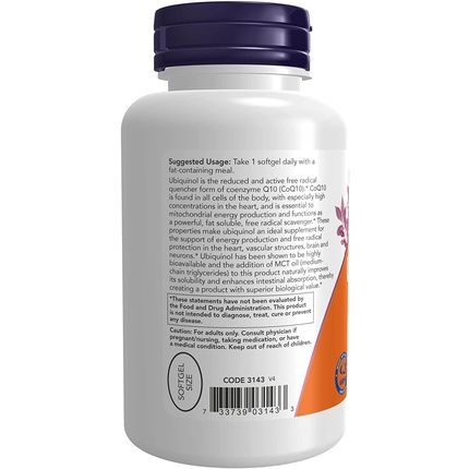 Now Ubiquinol 100Mg High Bioavailability Coq10 120 Softgels - Image 3
