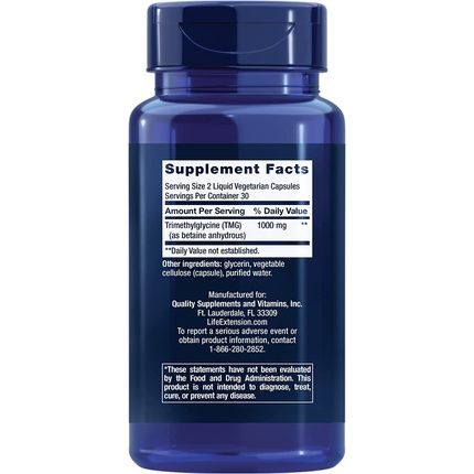 Life Extension Tmg Glycinbetain Betaine High Dose Dietary Supplement 500Mg 60 Vegetarian Liquid Capsules Gluten-Free Gmo-Free