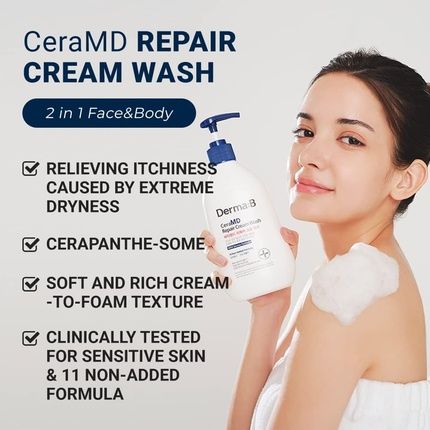 Derma B Ceramd Repair Cream Wash Unscented Fragrance Free Creamy Face & Body Cleanser 13.5 Fl. Oz. 400Ml