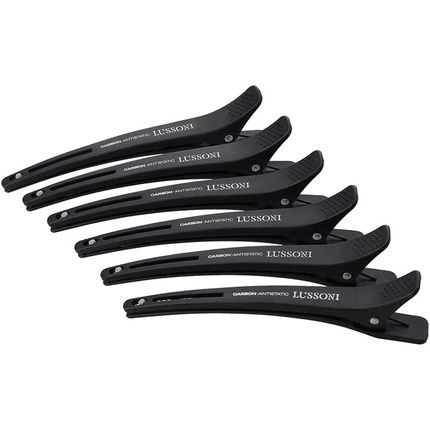 T4B Lussoni 6-Piece Carbon Hairdressing Clips With Elastic Rubber Band For All Hair Types - Pack Of 6