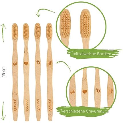 Pandoo Eco-Friendly Bamboo Toothbrush Set Of 4 For Adults And Children - Medium To Soft Bristles - Vegan, Organic, Bpa-Free