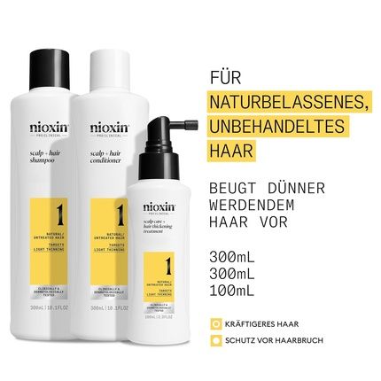 Nioxin Scalp + Hair Thickening System 1 Hair Care For Untreated Hair - Shampoo, Conditioner & Scalp Treatment 300Ml + 300Ml + 100Ml