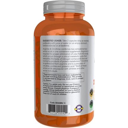 Now Sports Nutrition Arginine & Ornithine 500/250Mg Amino Acids 250 Veg Capsules - Image 3