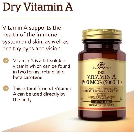 Solgar Dry Vitamin A 1500Mcg 100 Tablets - Supports Healthy Eyes, Skin & Immune System - Non-Gmo, Vegan, Gluten Free, Dairy Free, Kosher - Image 3