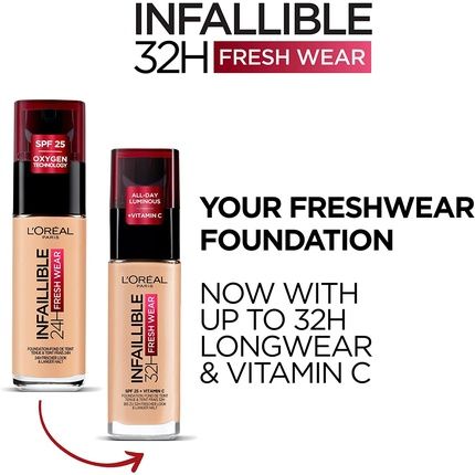 L'Oreal Paris Infallible 32H Fresh Wear Foundation Full Coverage Weightless Smooth Finish With Vitamin C And Spf 25 30Ml - Hazelnut