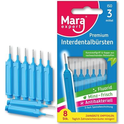 Interdental Brush Blue Mara Expert 0.6Mm Iso 3 Medium 8 Interdental Brushes Bioplastic Brushes For Interdental Spaces With Mint Flavor Chlorhexidine Fluoride