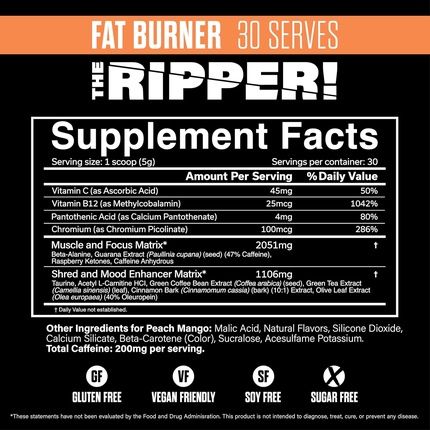 Jnx Sports The Ripper Shredding Thermogenic Fat Burner Peach Mango 30 Servings