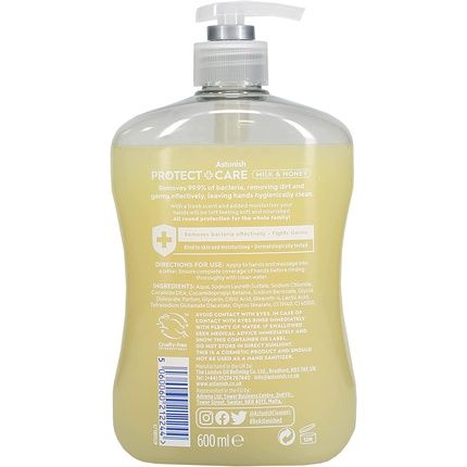 Astonish Protect And Care Kind To Skin Moisturising Anti-Bacterial Hand Wash Soap 600Ml Milk And Honey
