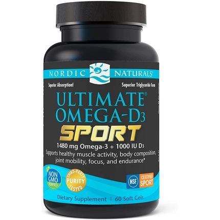 Nordic Naturals Ultimate Omega-D3 Sport Lemon Soft Gels 60 Count 1480Mg Omega-3 + 1000 Iu Vitamin D3 - Nsf Certified - Supports Muscle Bones Focus & Endurance - 30 Servings Standard Packaging