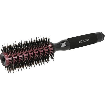 T4B Lussoni Round Wood Styling Hair Brush With Boar Bristles And Nylon Pins 28Mm Black