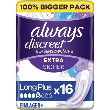 Always Discreet Incontinence Pads Long Plus For Women Big Pack 16 Pads - Strong Protection You Barely Notice