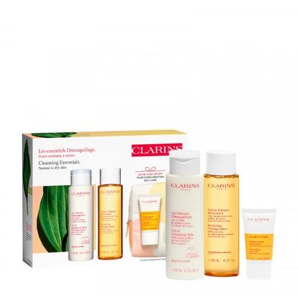 Clarins Cleansing Essentials Gift Set - Velvet Cleansing Milk 200Ml + Toning Lotion 200Ml + Nourishing Oil Scrub 15Ml + Cosmetic Bag.