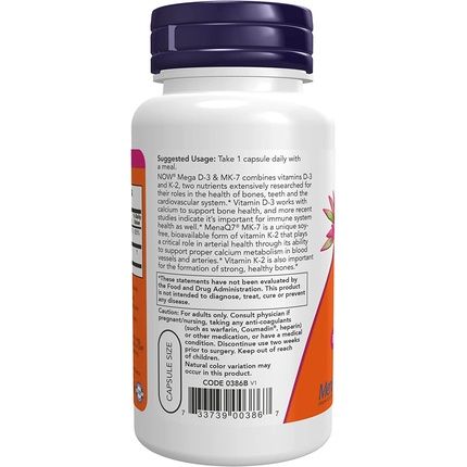 Now Mega D-3 & Mk-7 Supplements For Bone And Cardiovascular Support 120 Capsules - Image 3