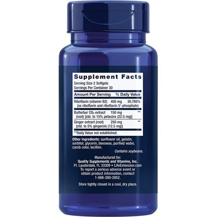 Life Extension Migra-Eeze Butterbur Root Extract With Vitamin B2 & Ginger Supplement 60 Softgels
