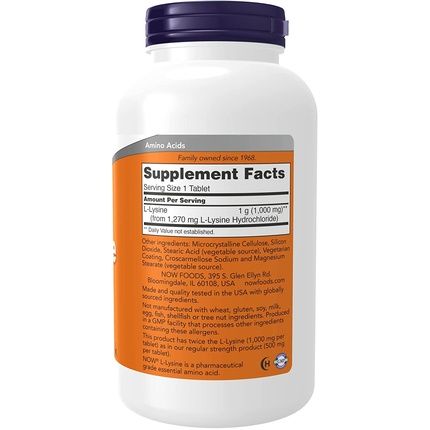 Now Supplements L-Lysine Hydrochloride Double Strength Amino Acid 250 Tablets