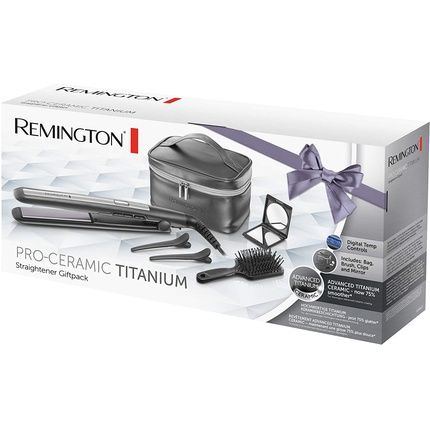 Remington Pro-Ceramic Titanium Hair Straightener Gift Set With Cosmetic Bag, Paddle Brush, Makeup Mirror, Hair Clips - Gray