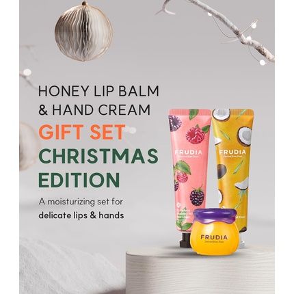 Welcos Frudia Re:Proust Honey Lip Balm And Hand Cream Gift Set Hello Winter Christmas Edition Blueberry Hydrating Honey Lip Balm 0.33Fl Oz Raspberry Hand Cream 1.05Oz Coconut Hand Cream 1.05Oz