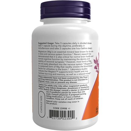 Now Magtein Patented Magnesium Cognitive Support 90 Veg Capsules - Image 3