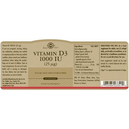 Solgar Vitamin D3 1000 Iu Softgels - Healthy Bones And Teeth - Supports Immunity And Muscle Function - Gluten Free