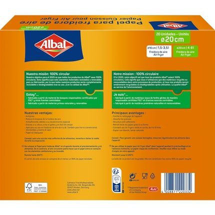Albal Air Fryer Paper 20 Pieces 20Cm - Pack Of 20, Suitable For Square And Round Air Fryers, Greaseproof, Non-Stick, Disposable, Perfect For Fryers Type Cosori Cecotec