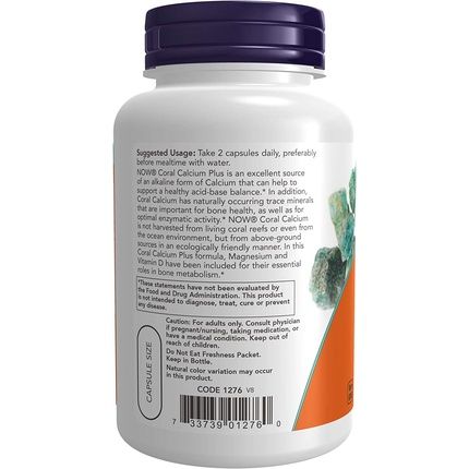 Now Foods Coral Calcium Plus Magnesium & Vitamin D 100 Capsules - Image 3
