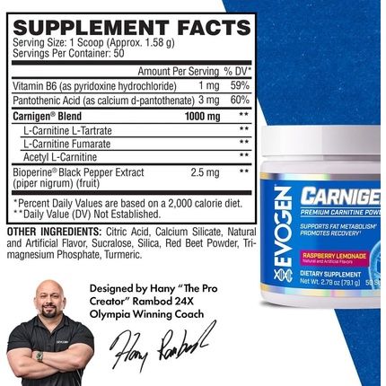 Evogen Carnigen Raspberry Lemonade Carnitine Thermogenic Powder - Image 3