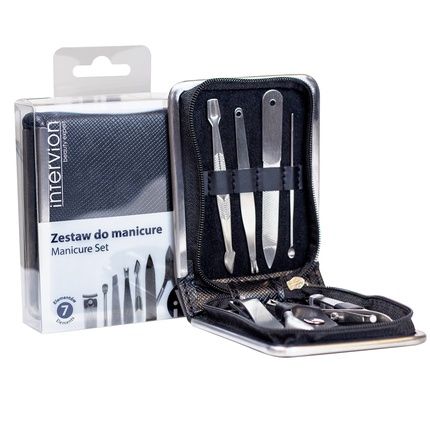 Inter-Vion Black Leather Manicure Set With Nail Clipper, Cuticle Scissors, Nail File, Tweezers, Scissors, Cuticle Pusher, And Skin Pusher