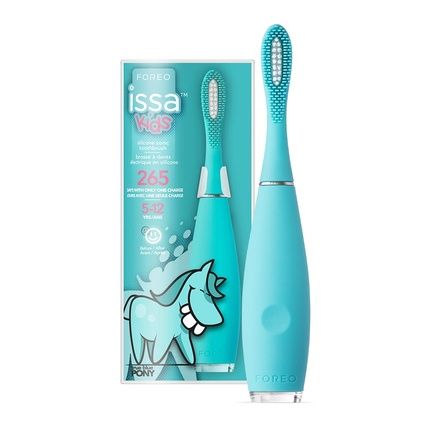 Foreo Issa Kids Ultra-Hygienic Silicone Sonic Electric Toothbrush For Kids 5-12 With Tongue Scraper And Mini Hybrid Brush Head - True Blue Pony