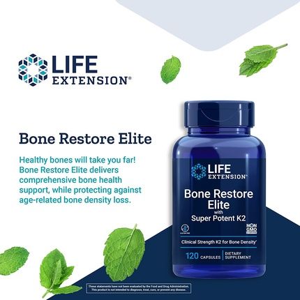Life Extension Bone Restore Elite With Super Potent K2 Clinically Studied Vitamin K2 & Calcium Promotes Healthy Bone Mineral Density 120 Capsules - Image 3