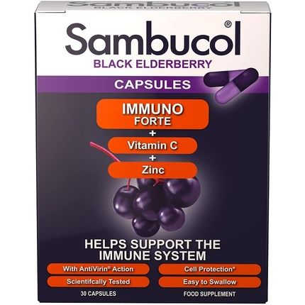 Sambucol Natural Black Elderberry Immuno Forte Capsules With Vitamin C And Zinc 30 Capsules