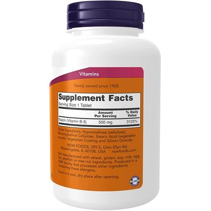 Now Supplements Niacin Vitamin B-3 500Mg Sustained Release Nutritional Health 250 Tablets