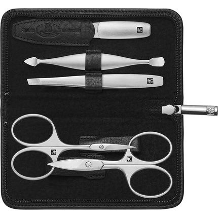 Zwilling Twinox Manicure And Pedicure Set In Yak Leather Case With Zipper Premium Nail Care 5 Pieces Black Including Nail Scissors