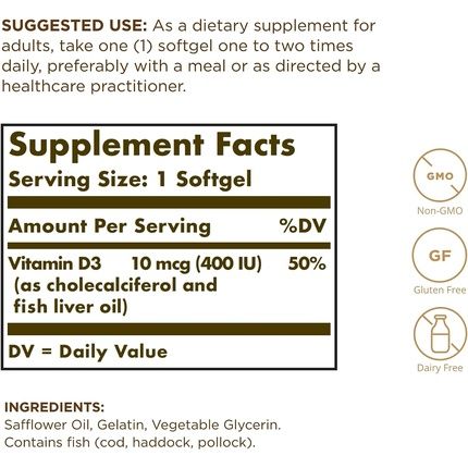 Solgar Vitamin D3 400 Iu Softgels Cholecalciferol Keeps Bones And Teeth Healthy Supports Muscle Function And Immunity Vegetarian