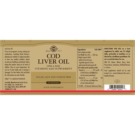 Solgar Cod Liver Oil Softgels Premium Blend Of Essential Fatty Acid With Vitamins A & D Supports Brain, Vision And Heart Health Immunity Support Gluten Free - Image 3
