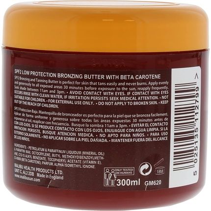 Malibu Sun Spf 2 Bronzing Fast Tanning Body Butter With Beta Carotene Water Resistant Tropical Coconut Fragrance 300Ml