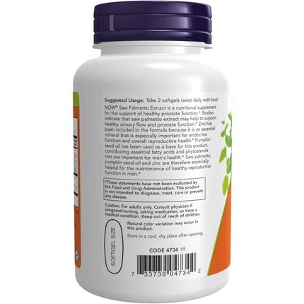 Now Supplements Saw Palmetto Extract With Pumpkin Seed Oil And Zinc Men'S Health 90 Softgels - Image 3