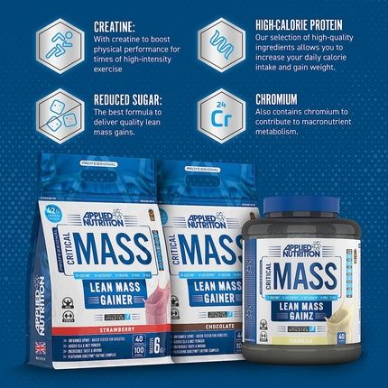 Applied Nutrition Critical Mass Professional Weight Gain Protein Powder High Calorie Weight Gainer Lean Mass 6Kg Strawberry - 40 Servings