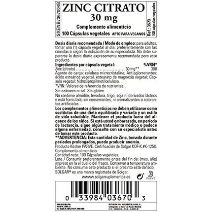 Solgar Zinc Citrate 30Mg 100 Vegetable Capsules - Image 3