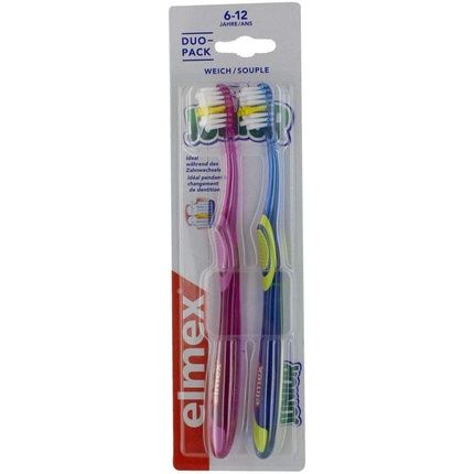 Elmex Junior Duo Pack Toothbrushes Supple 6-12 Years Green And Blue