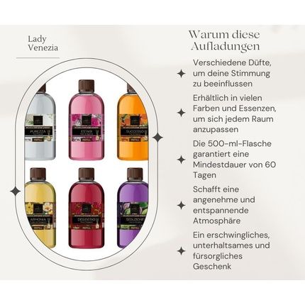 Room Fragrance Refill Bottle 500Ml - Long Lasting Aroma For Diffusers - Room Fragrance Oil Refill - Lady Venezia - Made In Italy
