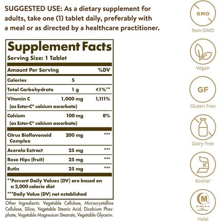 Solgar Ester-C Plus 1000Mg Vitamin C Tablets 30 Pack - Supports Healthy Immune System - Highly Absorbable - Vegan And Gluten Free