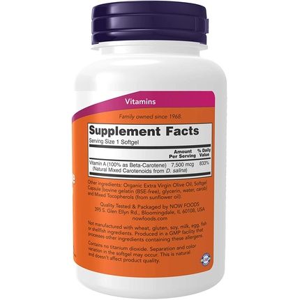 Now Supplements Natural Beta Carotene 25,000 Iu Essential Nutrition 180 Softgels