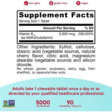 Jarrow Formulas Maximum Strength Methyl B-12 5000Mcg Dietary Supplement 90 Chewable Tablets Cherry Flavored - Image 3