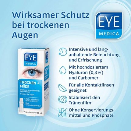 Eyemedica Dry + Tired Gel Eye Drops For Intensive And Long-Lasting Moisturization And Refreshment Of The Eyes With 0.3% High-Dose Hyaluron For Tired And Dry Eyes 10Ml