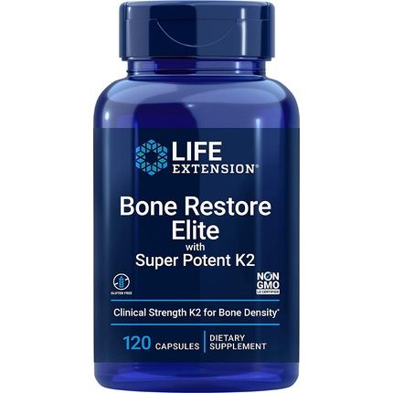 Life Extension Bone Restore Elite With Super Potent K2 Clinically Studied Vitamin K2 & Calcium Promotes Healthy Bone Mineral Density 120 Capsules