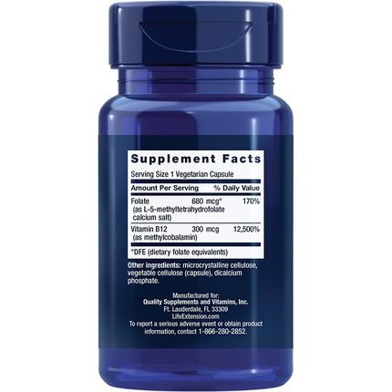 Life Extension Bioactive Folate & Vitamin B12 Vegetarian Capsules 90 Count