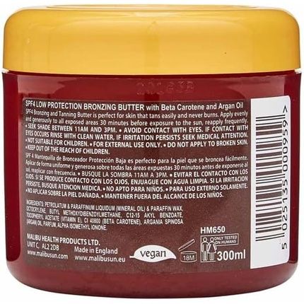Malibu Sun Spf 4 Bronzing Tanning Body Butter With Beta Carotene And Argan Oil Tropical Coconut Fragrance 300Ml