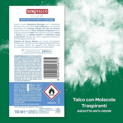 Borotalco Deodorant Spray Pure Sea Breeze With Talc And Breathable Molecules Alcohol And Aluminum-Free Dry And Odor-Blocking 48H Effectiveness Sea Scent