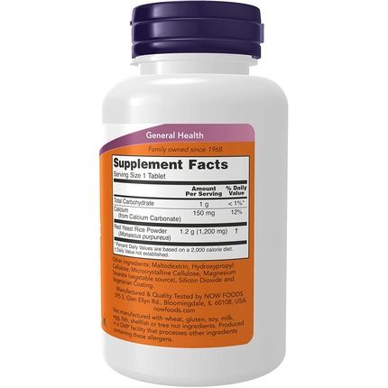Now Supplements, Red Yeast Rice Monascus Purpureus 1,200 Mg, Nutritional